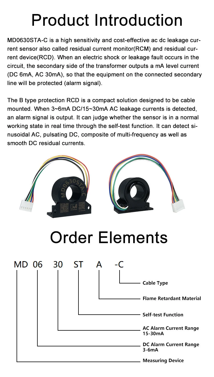 EV Charger Self-Testing RCD Protection Device 30mA AC 6mA DC Leakage Detection Current Sensor